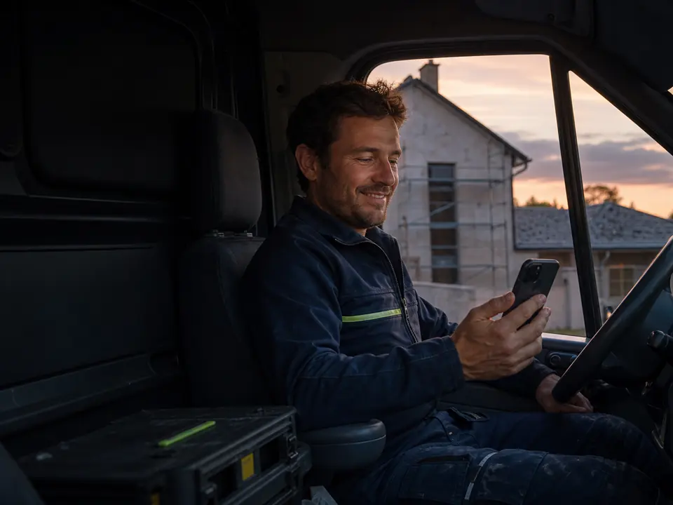 A tradesperson prepares a quote on a phone in a van